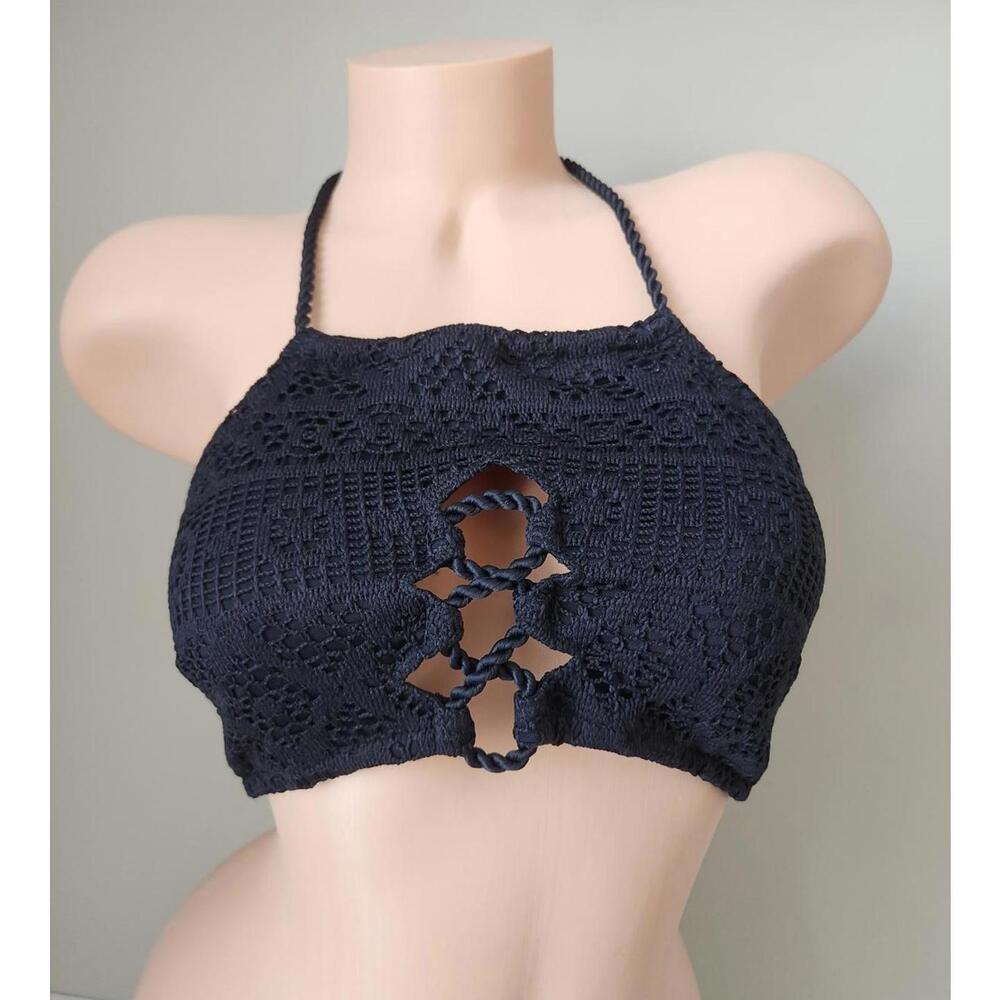 Victoria's Secret Black Crochet Halter Bikini Top with Pink Tassels - Large